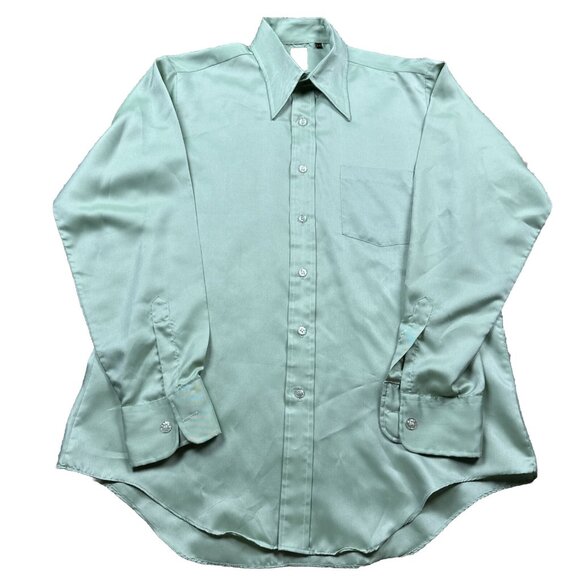 Vintage 70s Bardon Ultra Poly Mint Green Long Sleeve Button Up Shirt Korea Jandy - Picture 1 of 7